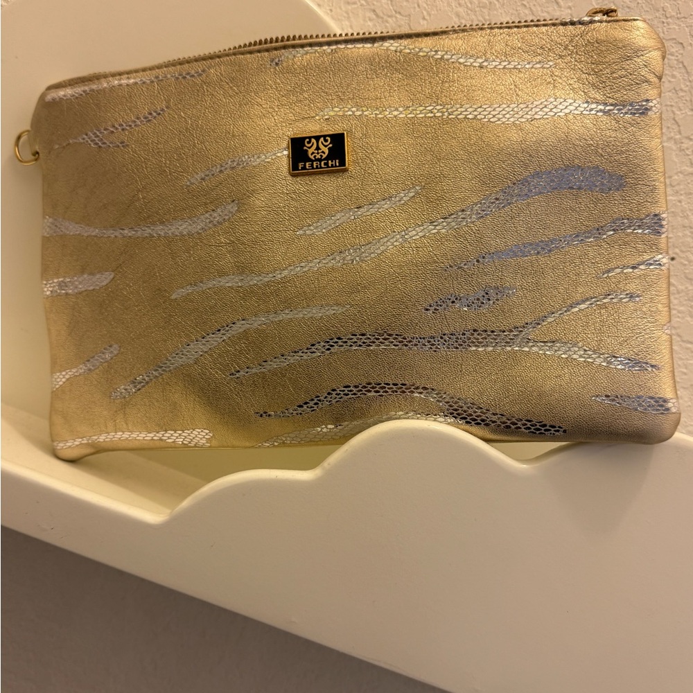 Ferchi  Spanish Designer Genuine Leather Gold Clutch/Wristlet Purse